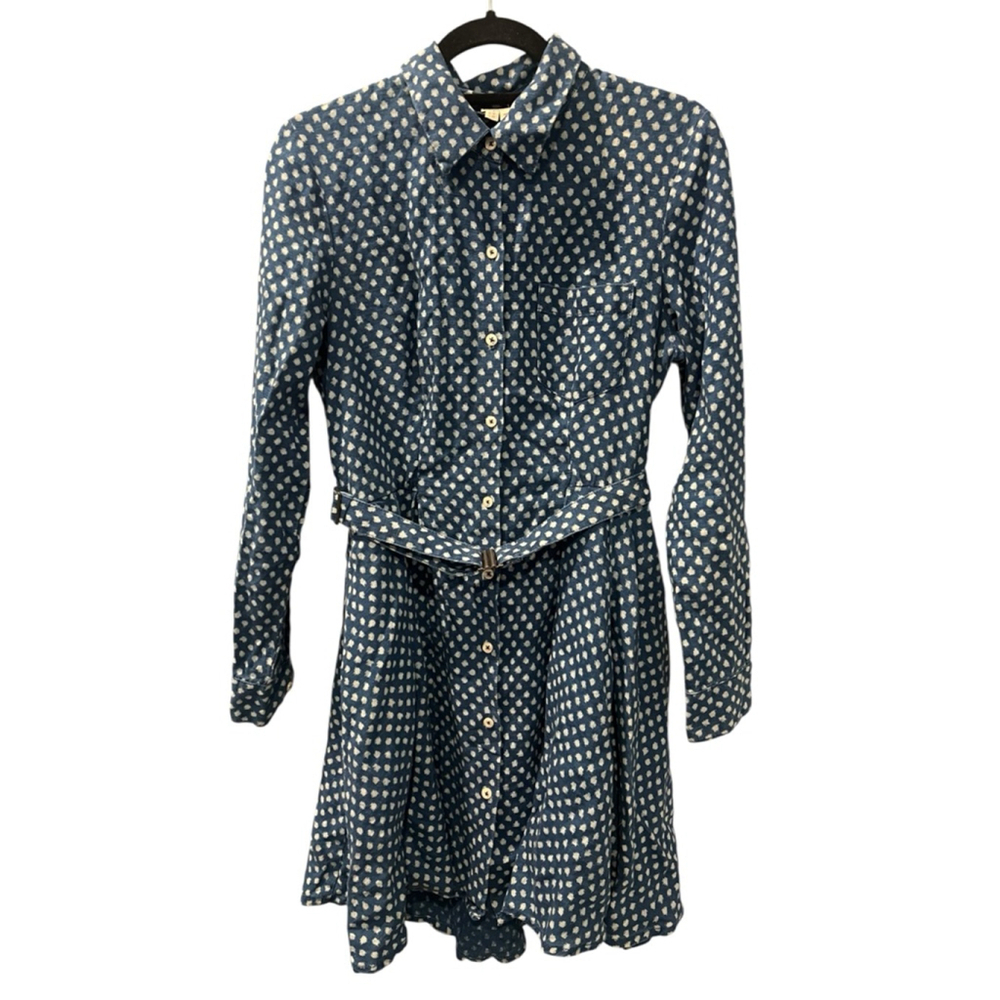 Anthropologie Holding Horses Dotted Linen Shirt Dress Size 8 Button Down Blue